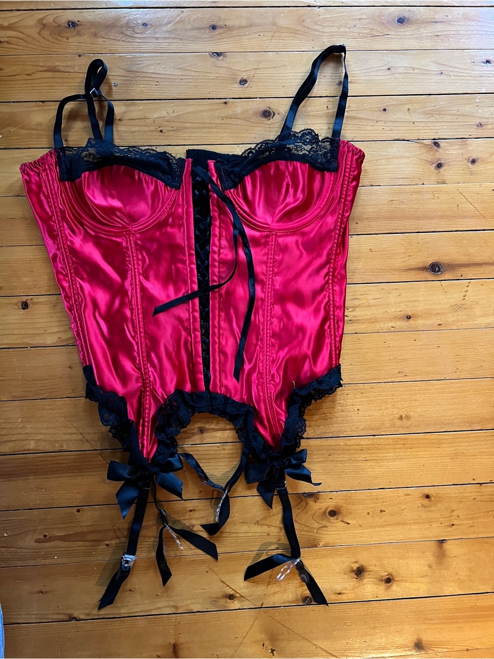 Frederick's of Hollywood Satin Lace Bustier Red/Pink & Black Size 38